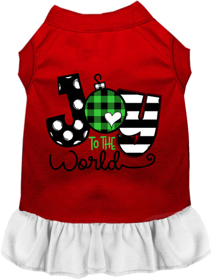 Red and white Joy to the World pet dress with ruffled skirt