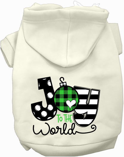 White Joy to the World pet hoodie with festive design