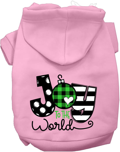 Light pink Joy to the World pet hoodie with festive design