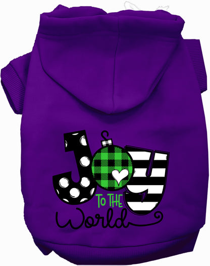 Purple Joy to the World pet hoodie with festive design