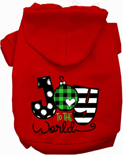 Red Joy to the World pet hoodie with festive design