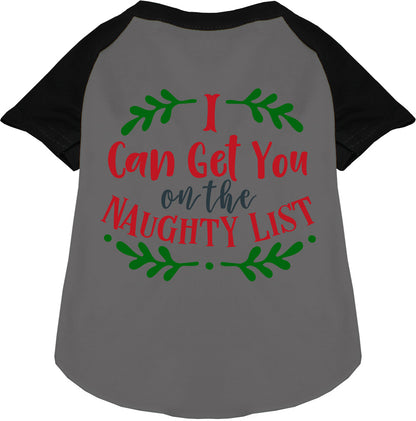 Black sleeve pet raglan shirt with 'I Can Get You on the Naughty List' design