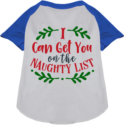 Blue sleeve pet raglan shirt with 'I Can Get You on the Naughty List' design