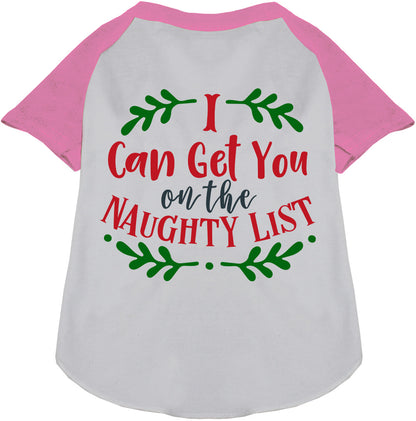 Pink sleeve pet raglan shirt with 'I Can Get You on the Naughty List' design