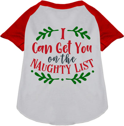 Red sleeve pet raglan shirt with 'I Can Get You on the Naughty List' design