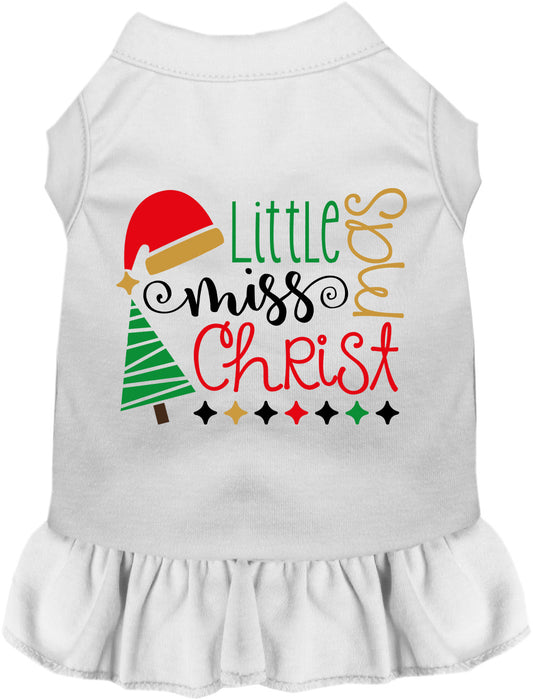 White Little Miss Christmas pet dress with festive design