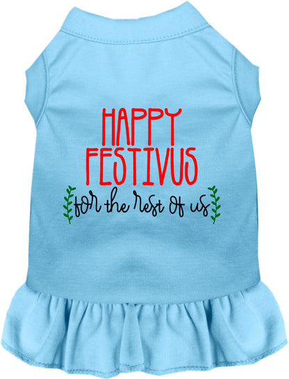 Blue Happy Festivus pet dress with ruffled skirt