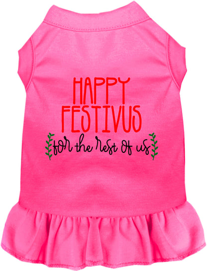 Pink Happy Festivus pet dress with ruffled skirt