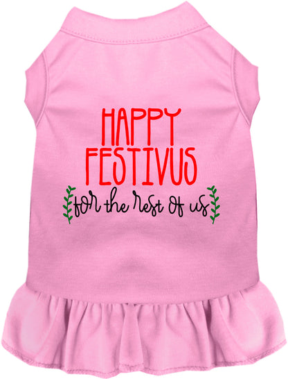 Light pink Happy Festivus pet dress with ruffled skirt