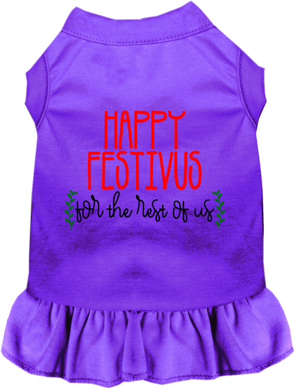 Purple Happy Festivus pet dress with ruffled skirt