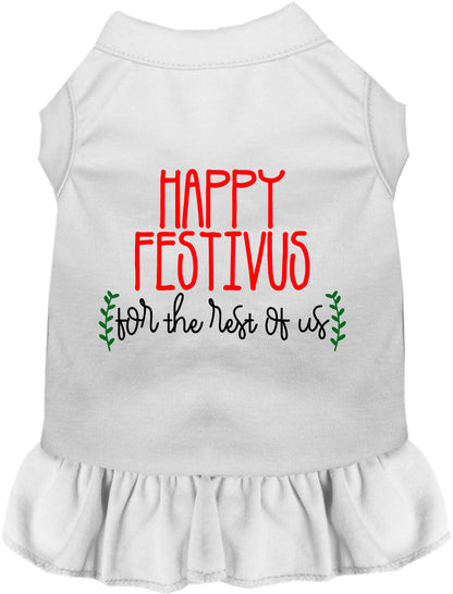 White Happy Festivus pet dress with ruffled skirt