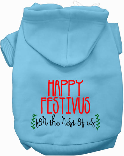 Light blue Happy Festivus pet hoodie with festive text