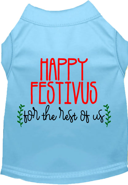 Light blue Happy Festivus pet shirt with festive design