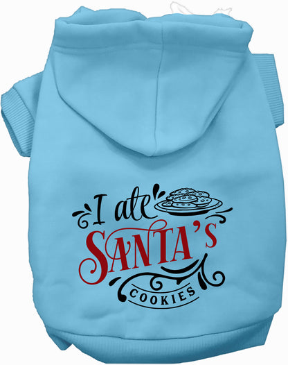 Blue pet hoodie with 'I Ate Santa's Cookies' design