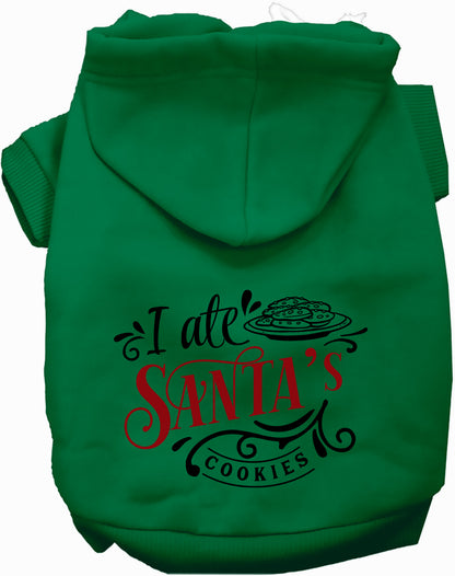 Green pet hoodie with 'I Ate Santa's Cookies' design