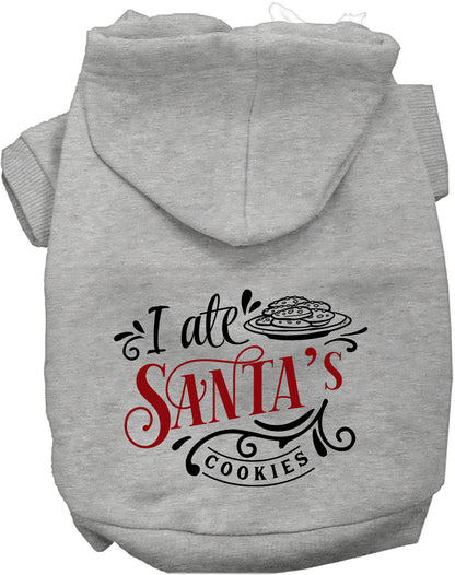 Gray pet hoodie with 'I Ate Santa's Cookies' design