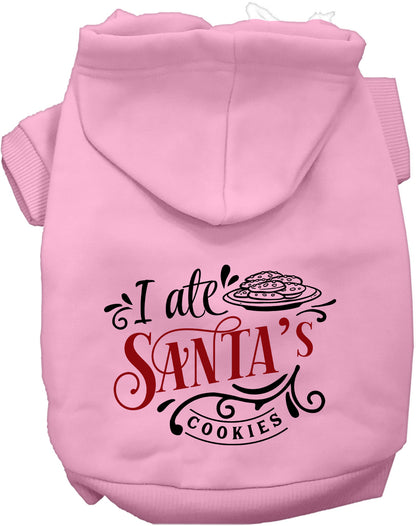 Light pink pet hoodie with 'I Ate Santa's Cookies' design