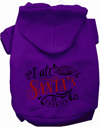 Purple pet hoodie with 'I Ate Santa's Cookies' design