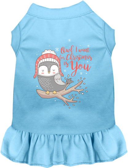 Blue pet dress with owl Christmas design