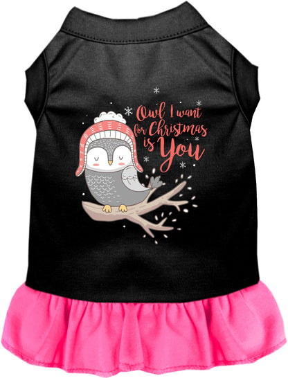 Black pet dress with pink skirt and owl design