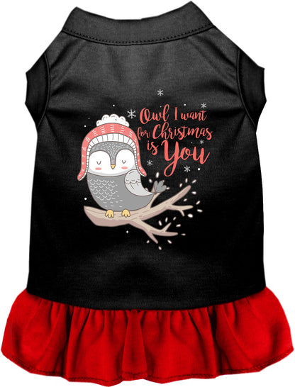 Black pet dress with red skirt and owl design