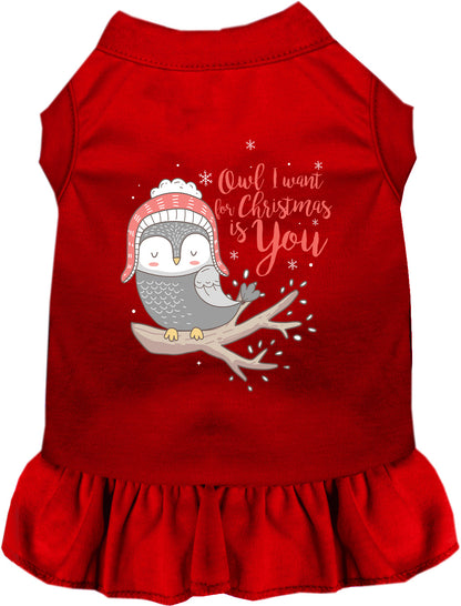 Red pet dress with owl Christmas design