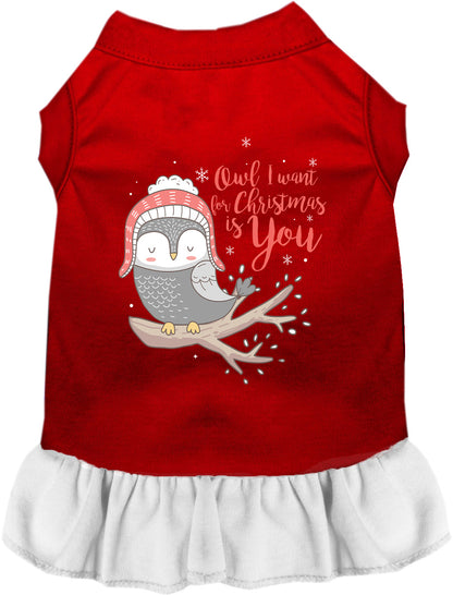 Red pet dress with white skirt and owl design