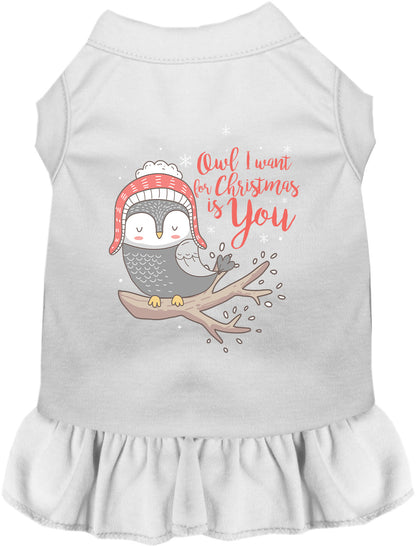 White pet dress with owl Christmas design