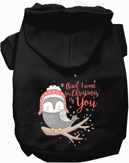 Black Christmas owl pet hoodie with festive design