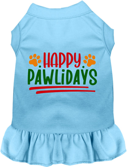 Blue Happy Pawlidays pet dress with paw prints