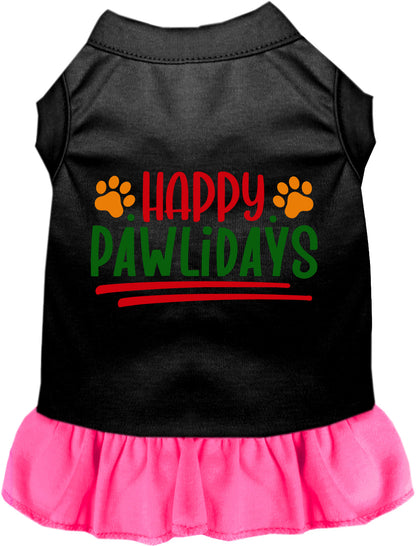 Black and pink Happy Pawlidays pet dress