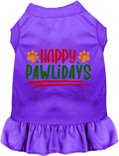 Purple Happy Pawlidays pet dress with paw prints