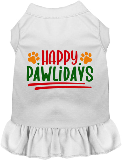 White Happy Pawlidays pet dress with paw prints