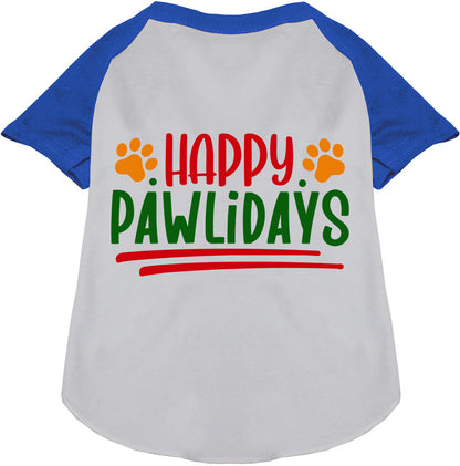 Blue and white Happy Pawlidays pet raglan shirt