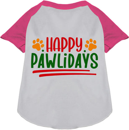 Pink and white Happy Pawlidays pet raglan shirt