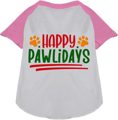 Light pink and white Happy Pawlidays pet raglan shirt