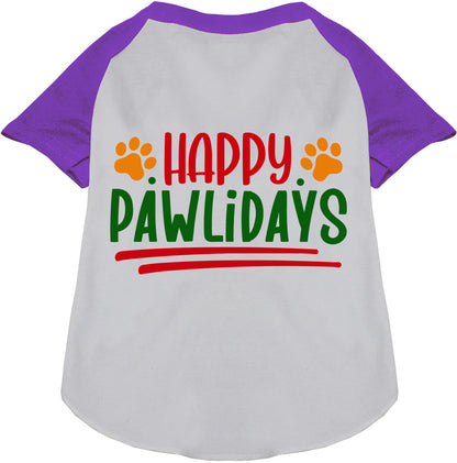 Purple and white Happy Pawlidays pet raglan shirt