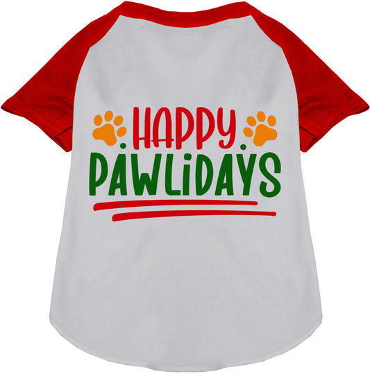 Red and white Happy Pawlidays pet raglan shirt