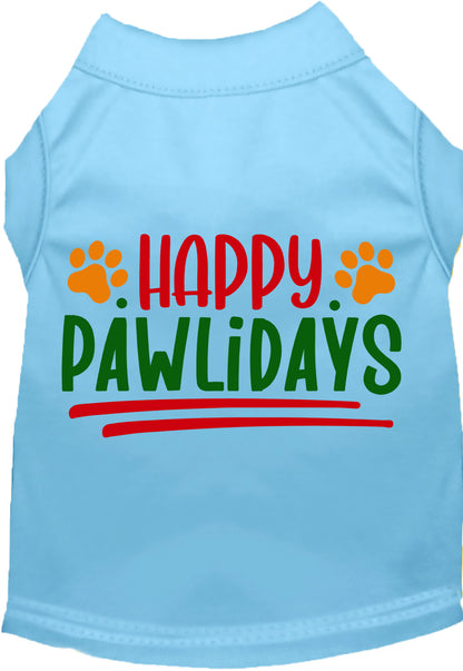 Light blue Happy Pawlidays pet shirt with colorful text