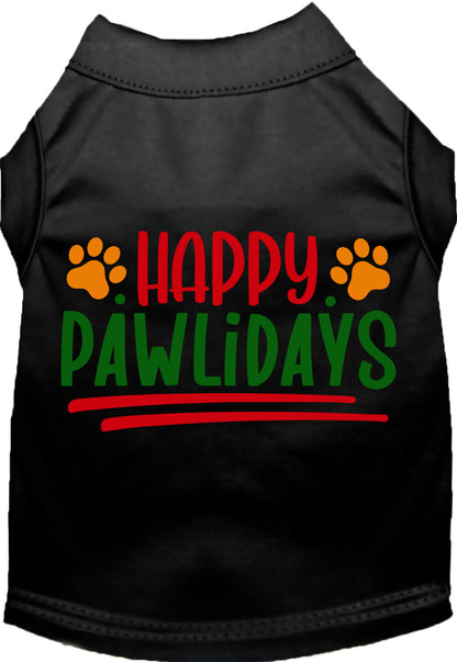 Black Happy Pawlidays pet shirt with colorful text