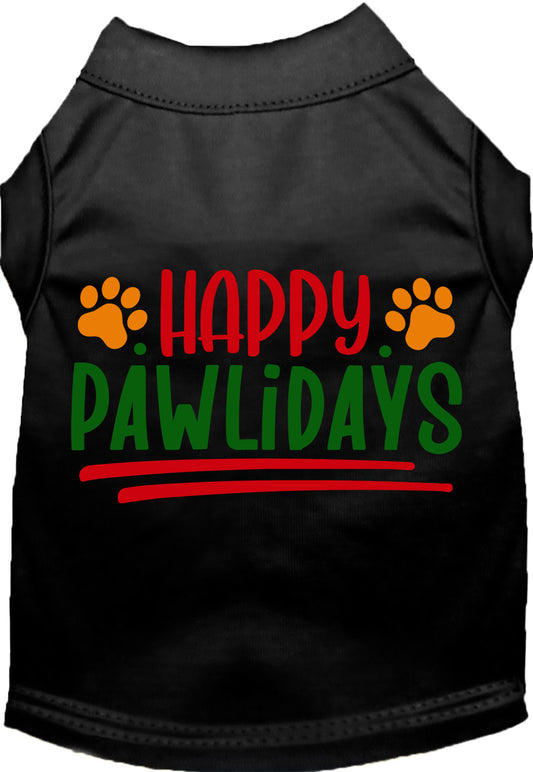 Black Happy Pawlidays pet shirt with colorful text