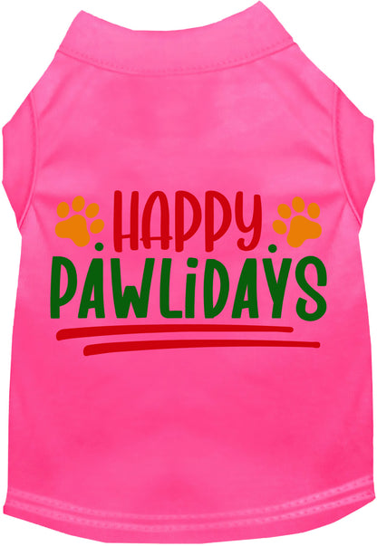 Pink Happy Pawlidays pet shirt with colorful text