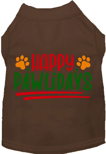 Brown Happy Pawlidays pet shirt with colorful text