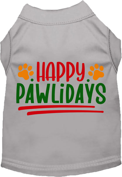 Gray Happy Pawlidays pet shirt with colorful text