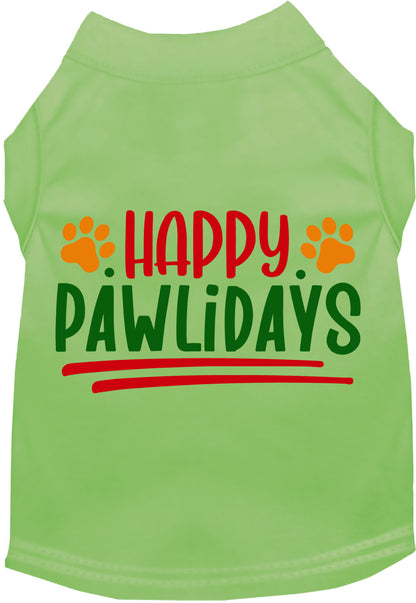 Green Happy Pawlidays pet shirt with colorful text