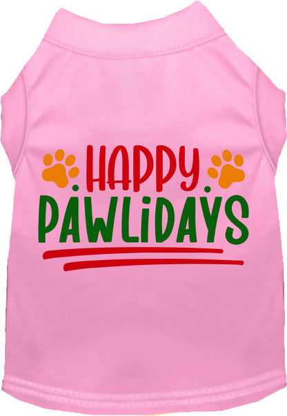 Light pink Happy Pawlidays pet shirt with colorful text