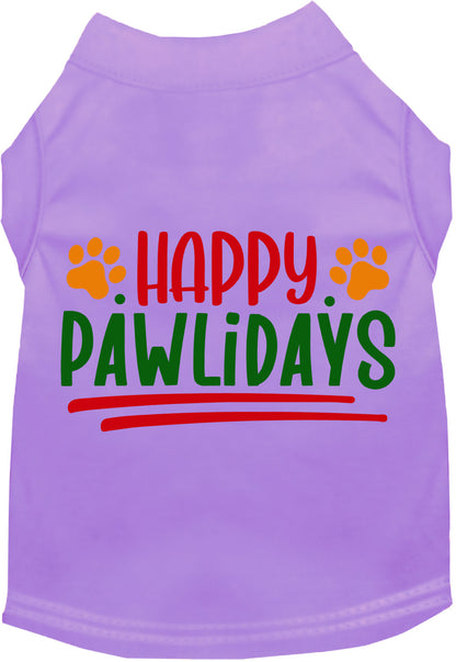 Purple Happy Pawlidays pet shirt with colorful text