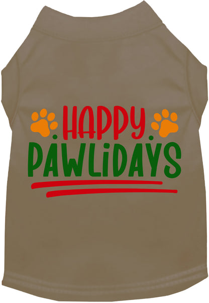 Tan Happy Pawlidays pet shirt with colorful text