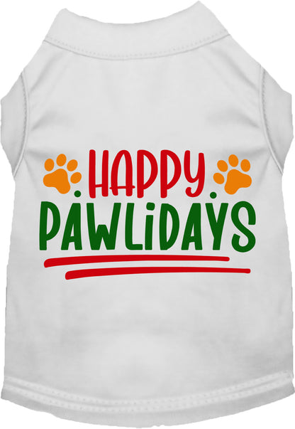 White Happy Pawlidays pet shirt with colorful text