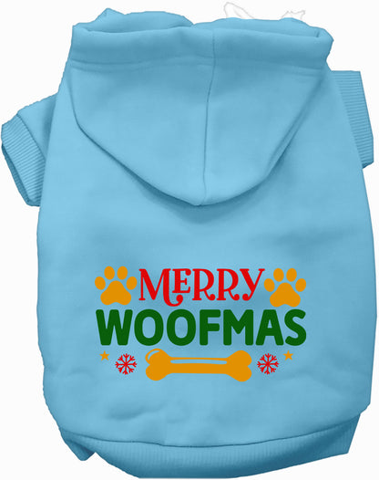 Light blue Merry Woofmas pet hoodie with festive design